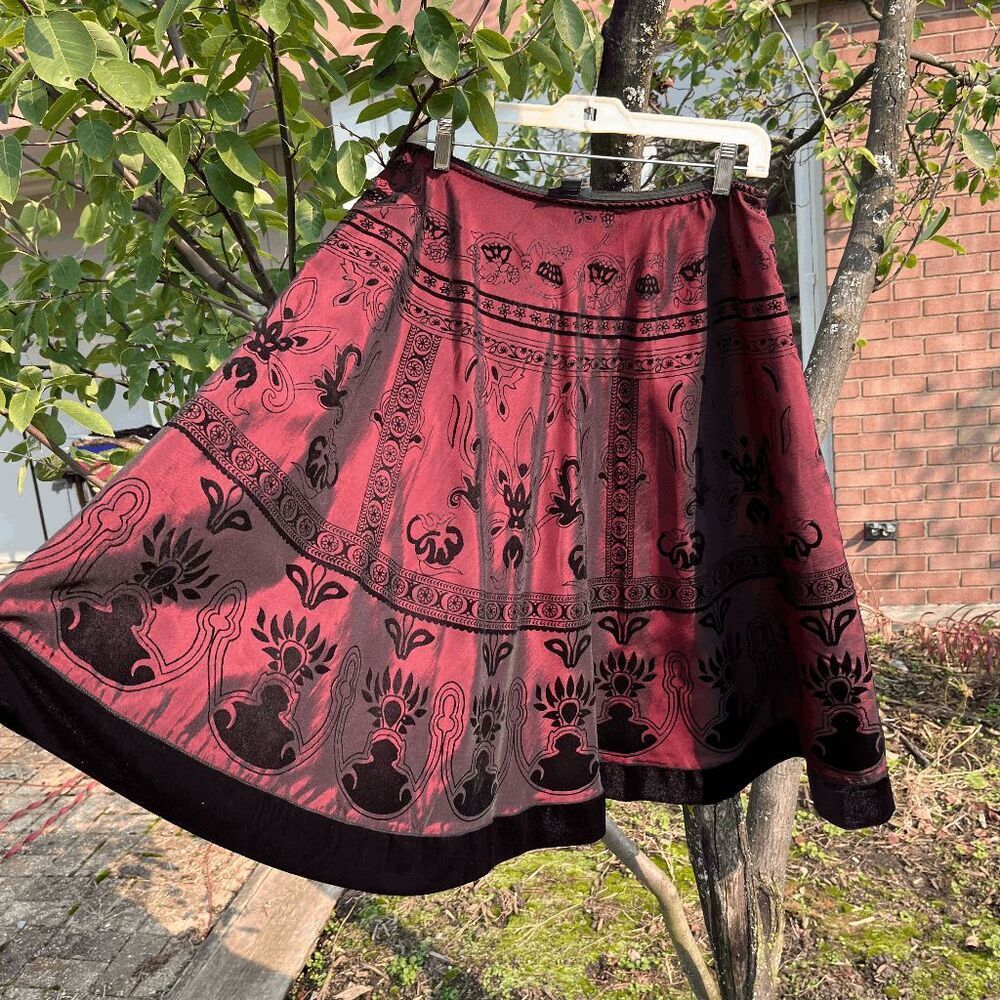 VTG 90s Flocked Velvet A-Line Skirt Maroon Black Whimsygoth Boho Witchy L